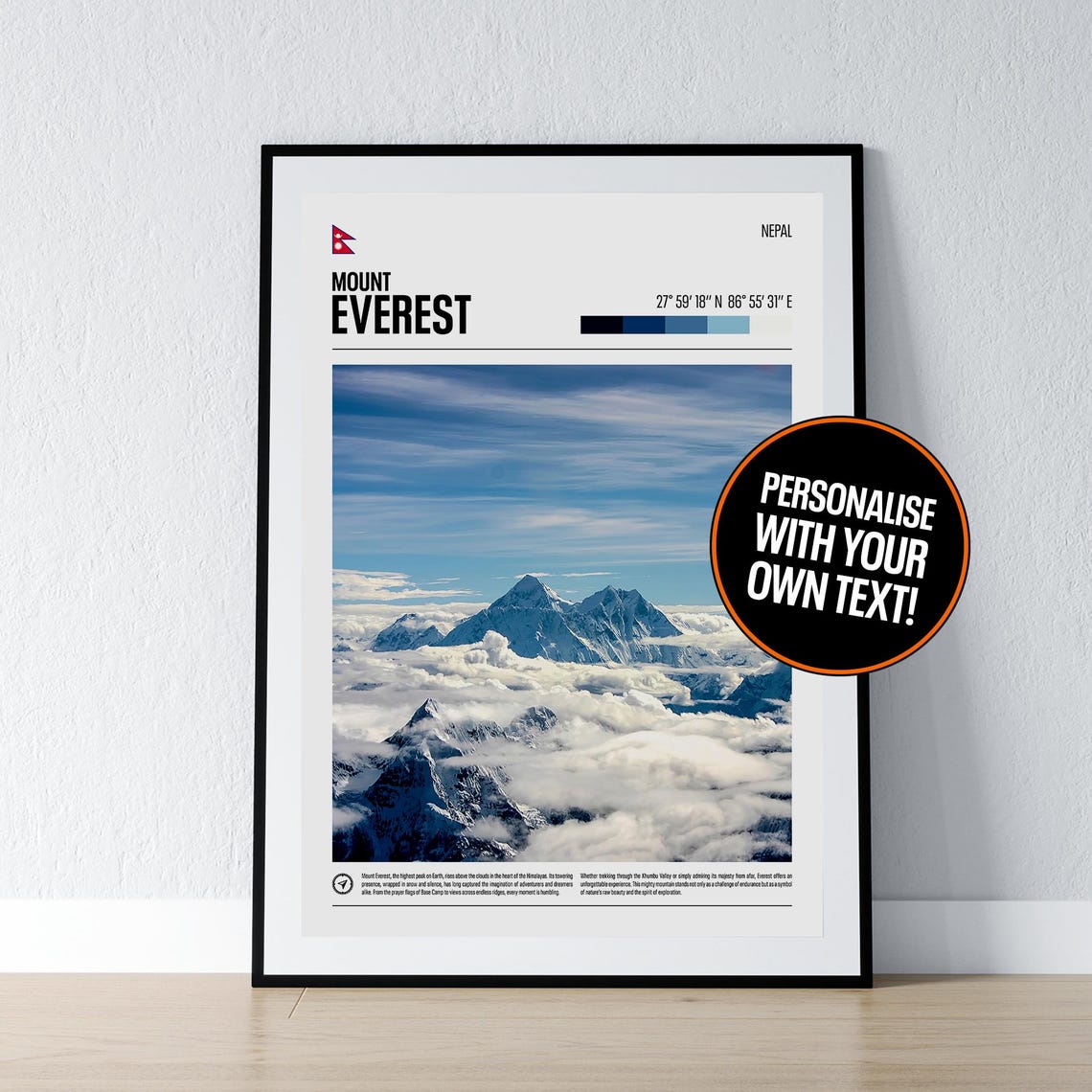 Mount Everest Nepal Himalaya Snow Peaks Personalised Travel Poster