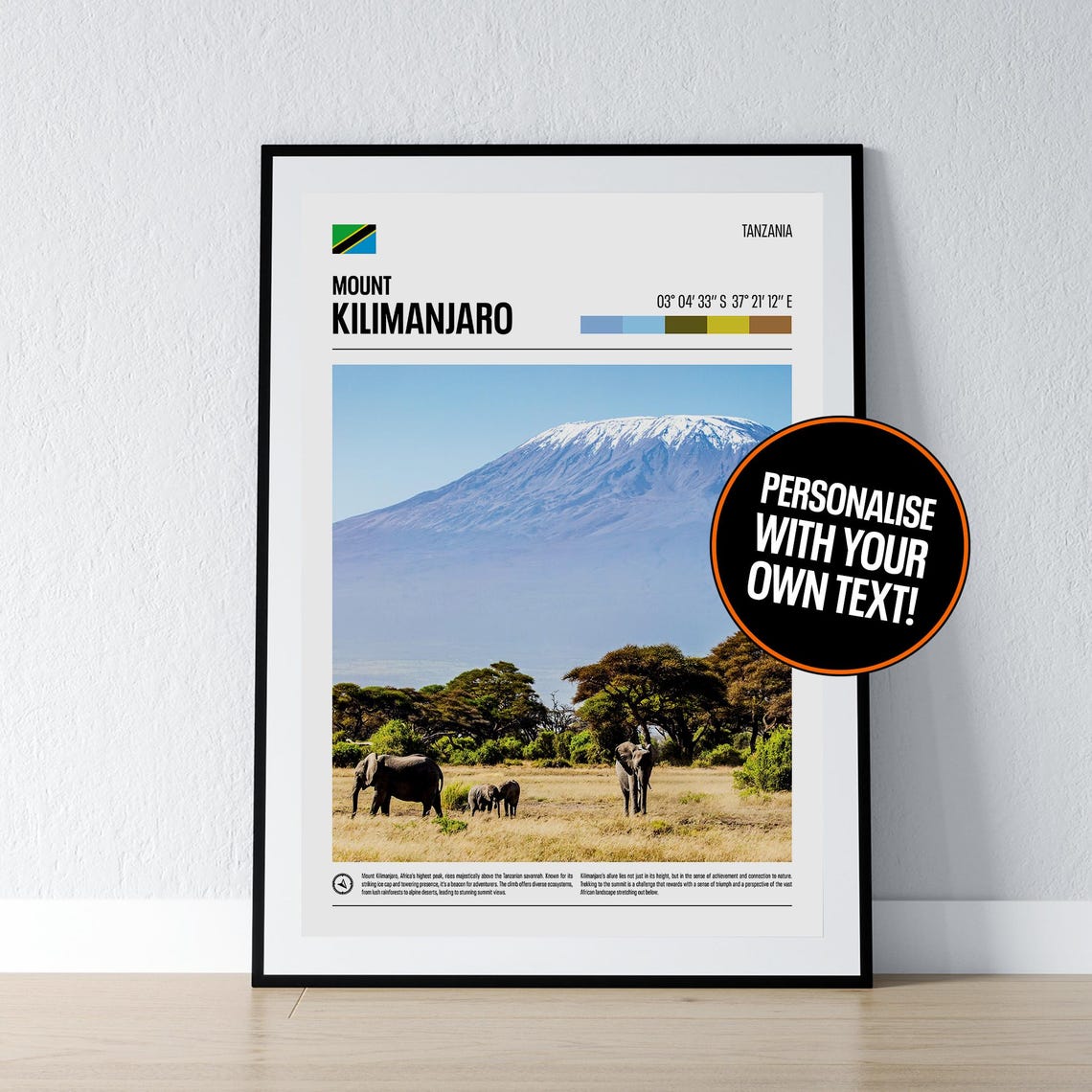 Mount Kilimanjaro Tanzania Elephants Savanna Coordinates Photo Poster