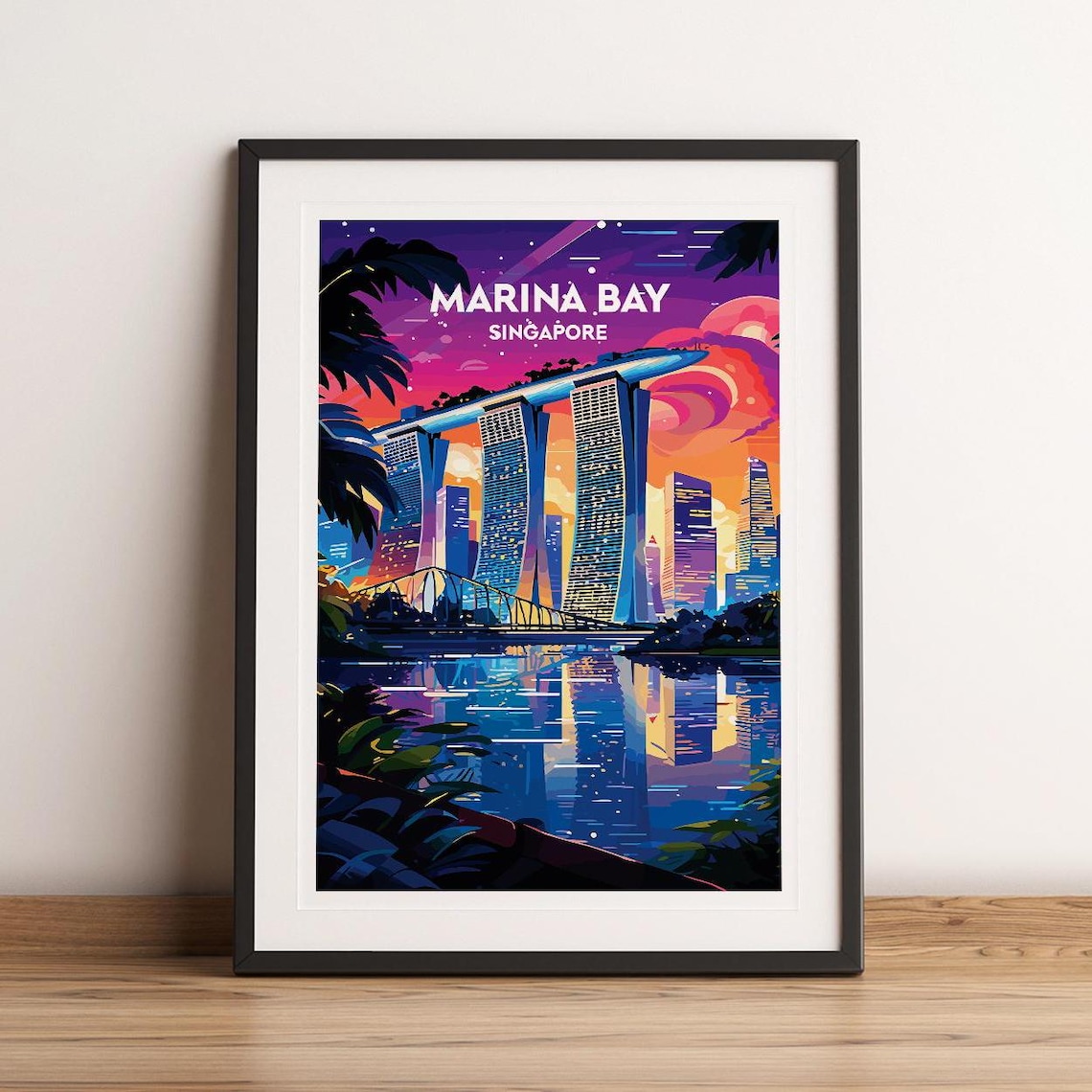 Marina Bay Singapore Glowing Neon Skyline Night Travel Art Poster