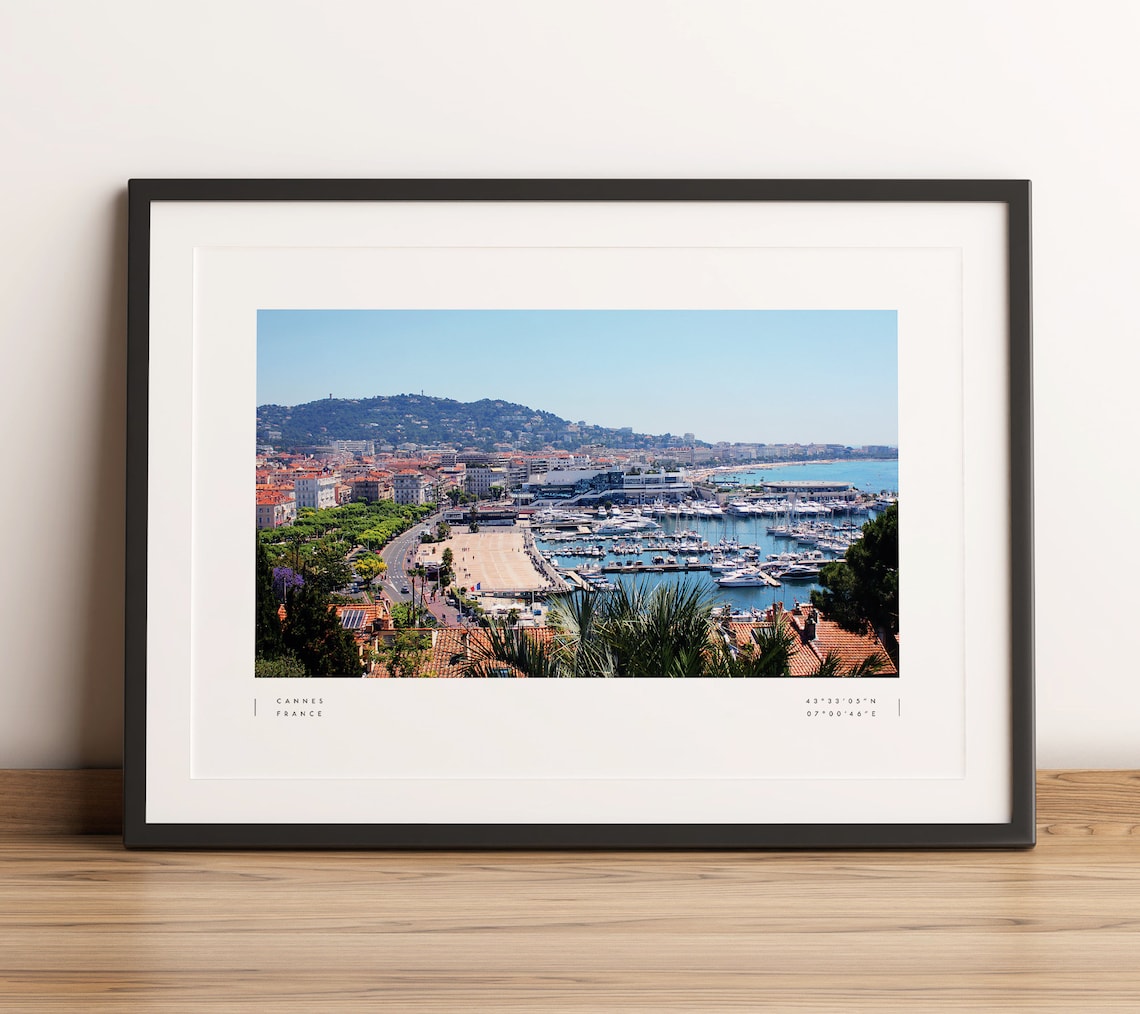 Cannes France Coordinates Harbor Aerial Riviera Travel Poster