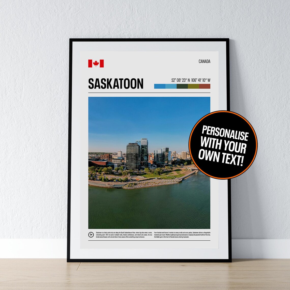 Saskatoon Canada City Coordinates Riverside Skyline Travel Poster