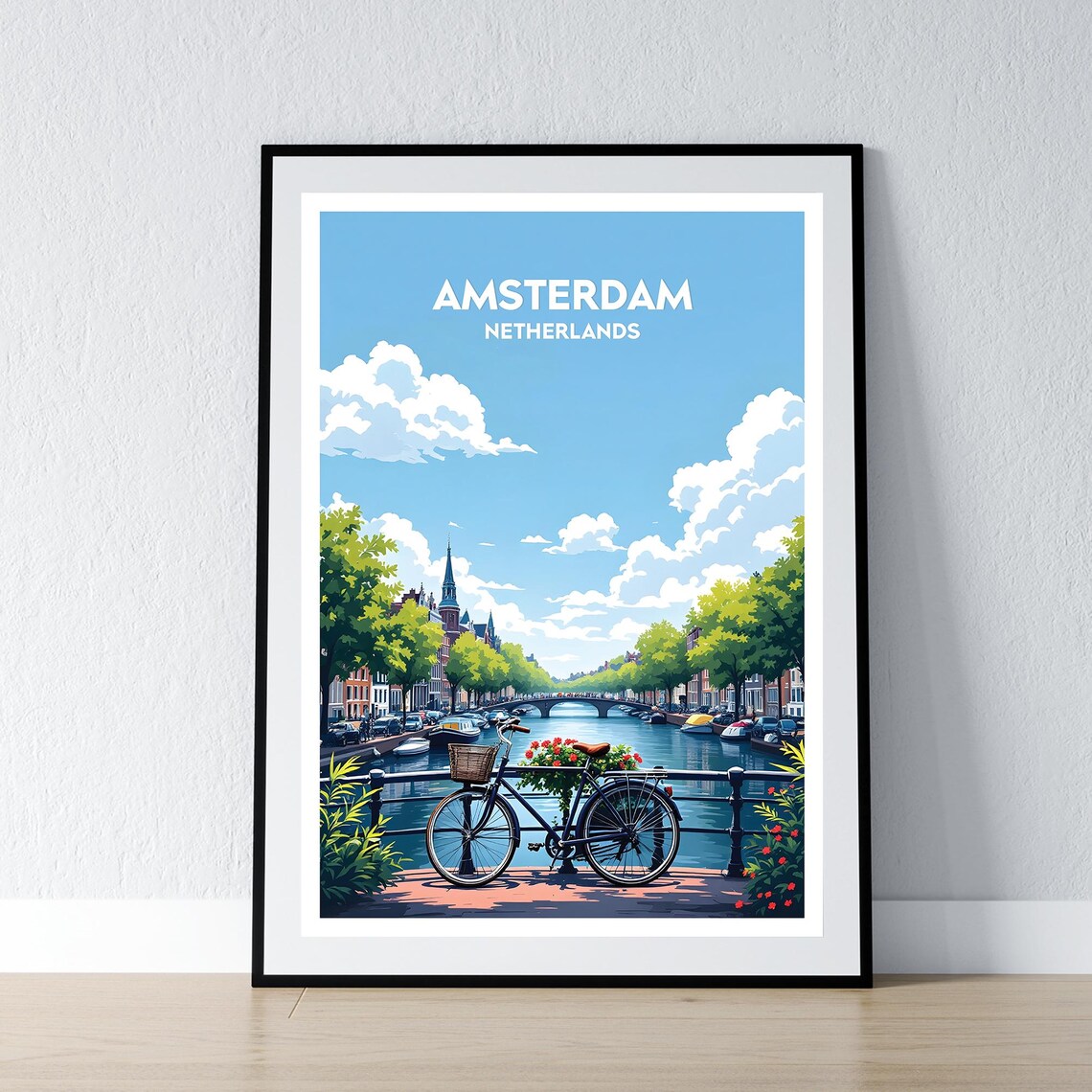 Amsterdam Netherlands Canal Bike with Flowers Retro Travel Poster