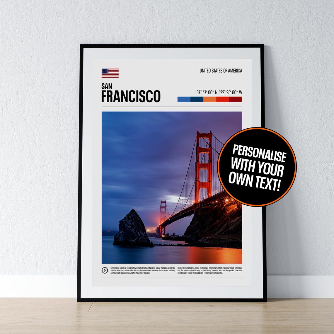 San Francisco Golden Gate Bridge Dusk Coordinates Travel Print