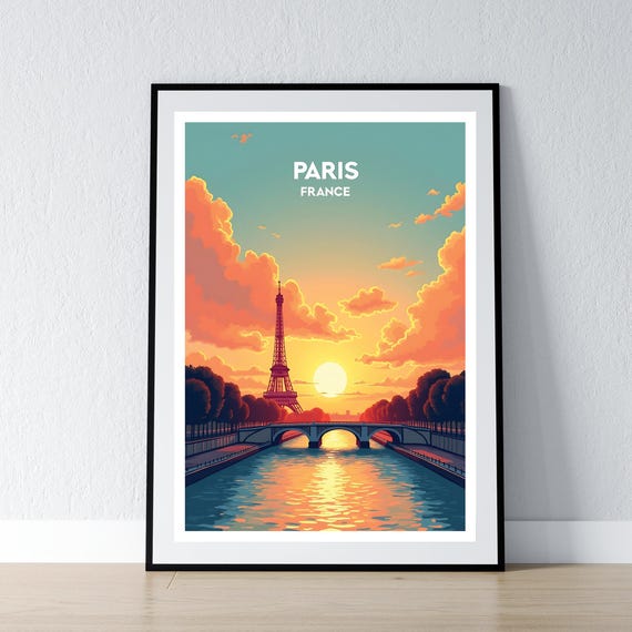Paris Poster Eiffel Tower Sunset Print Wall Art Gift Travel France French Home Decor Illustration