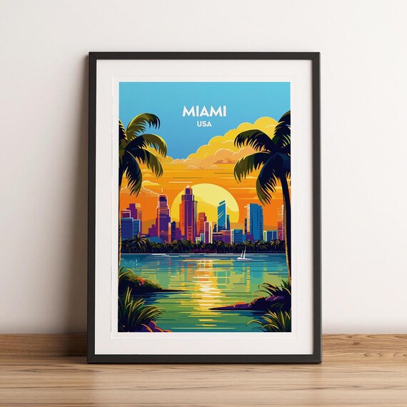 Miami USA Skyline Sunset Palm Trees Waterfront Travel Poster
