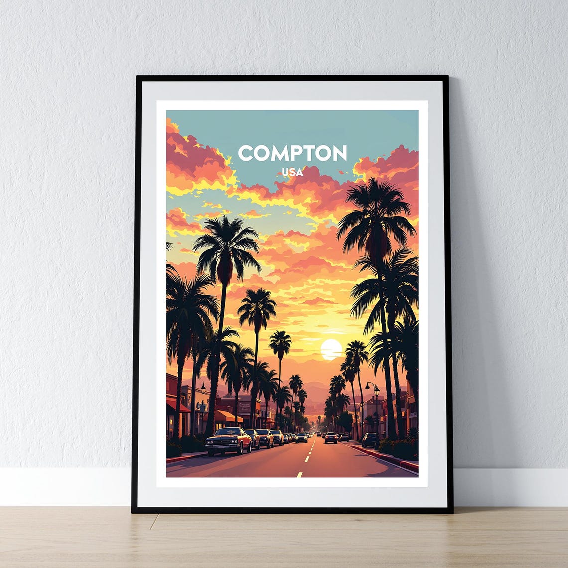 Compton USA Sunset Palm Street Retro California Travel Poster