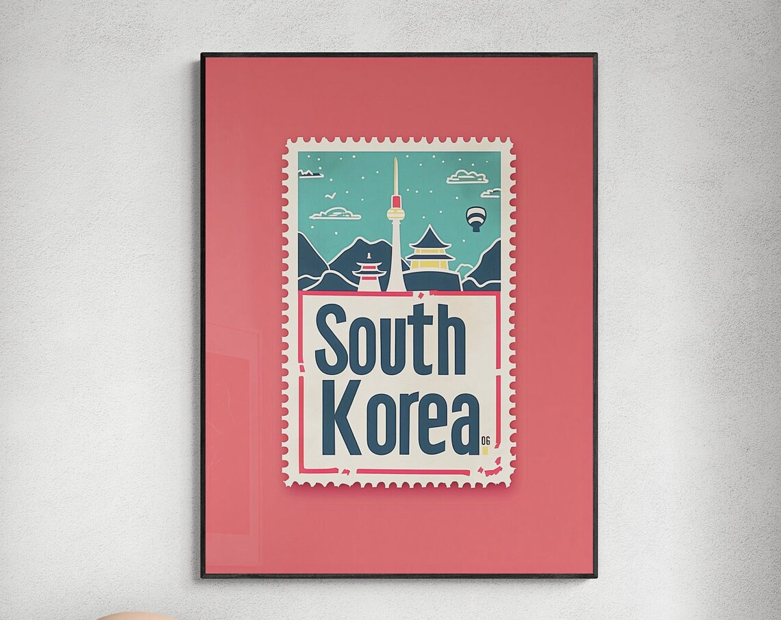 South Korea N Seoul Tower Mountains Stamp Style Travel Poster