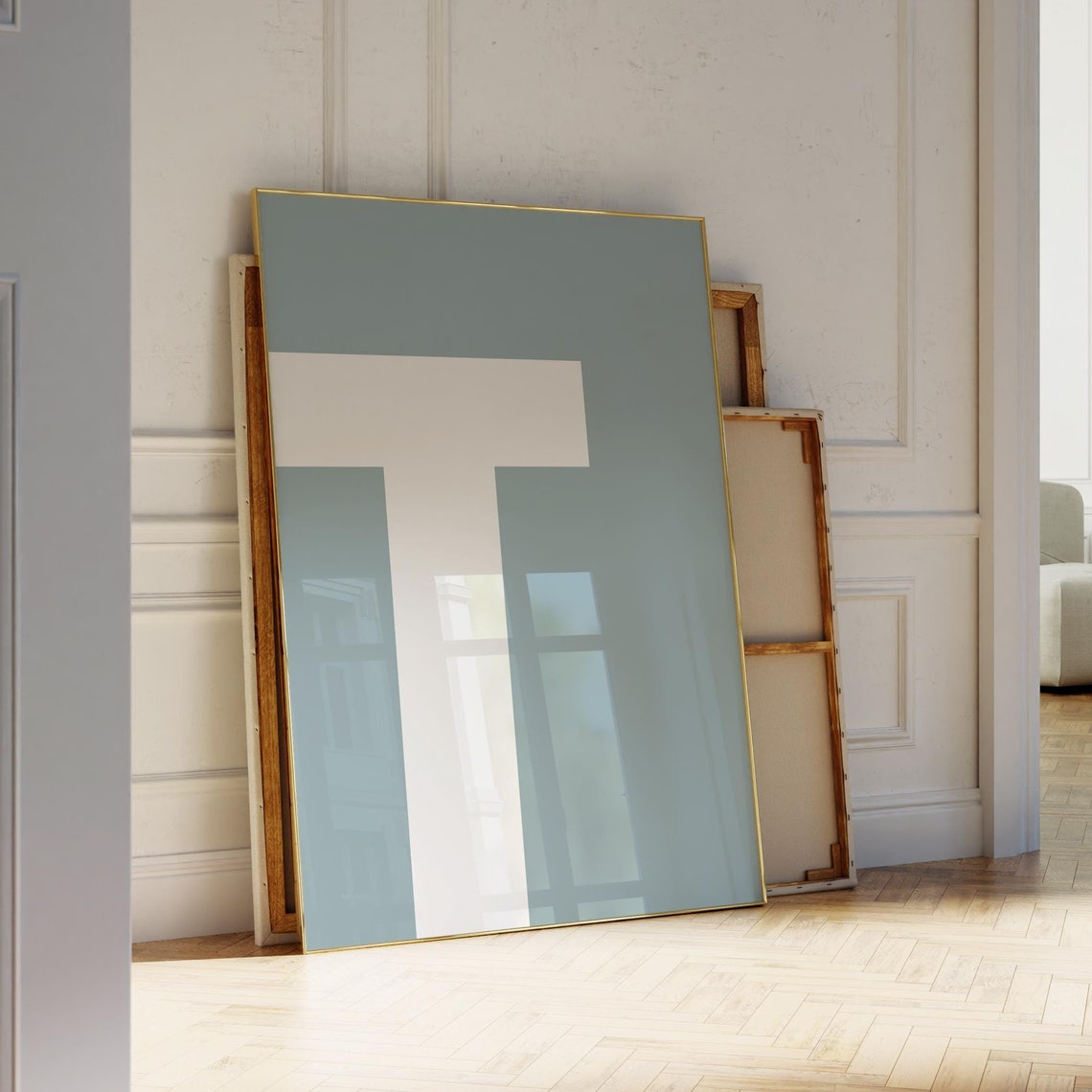 Letter T Monogram Poster Bold White Initial Alphabet Art on Soft Blue