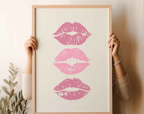 Pink Lipstick Kiss Marks Trio Feminine Vanity Beauty Wall Art