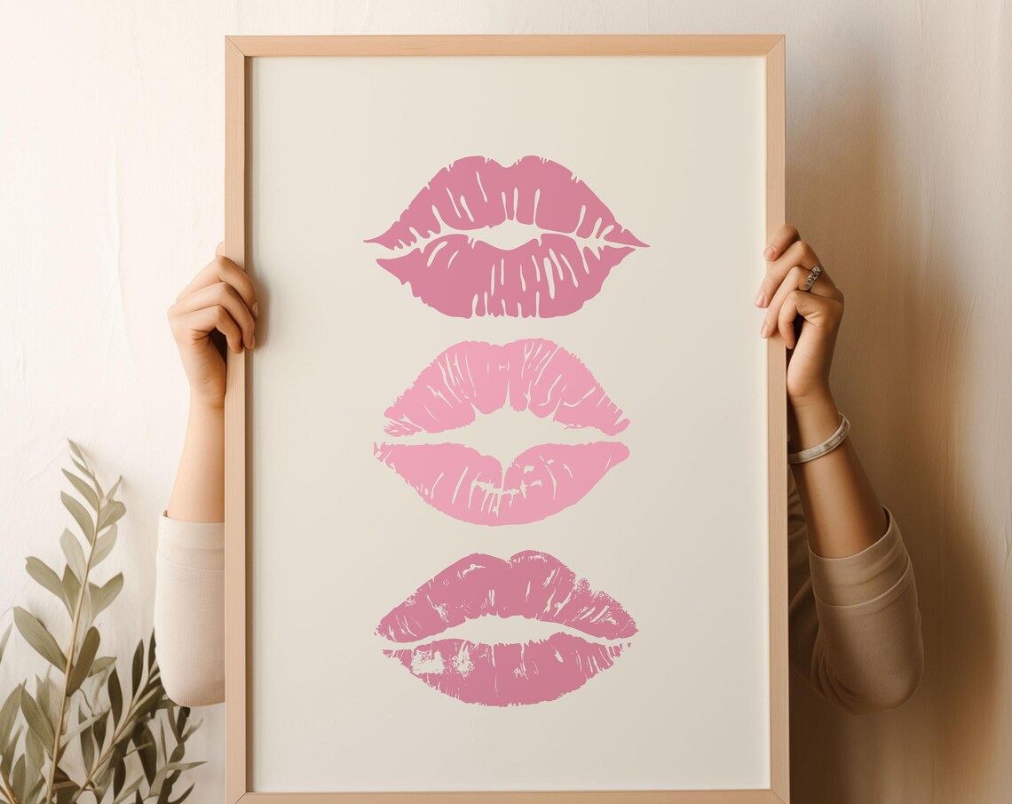 Pink Lipstick Kiss Marks Trio Feminine Vanity Beauty Wall Art