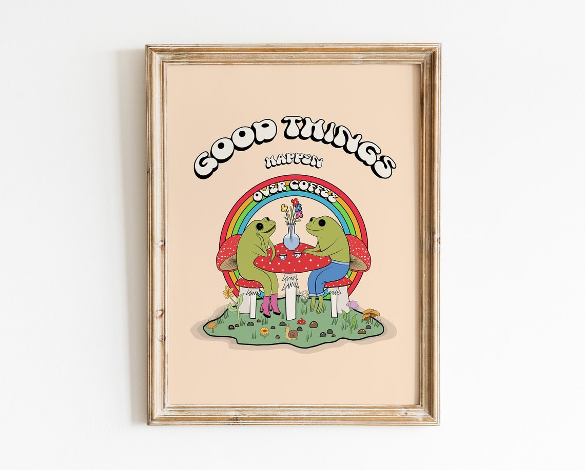 Good Things Happen Over Coffee Cute Frog Friends Kitchen Poster