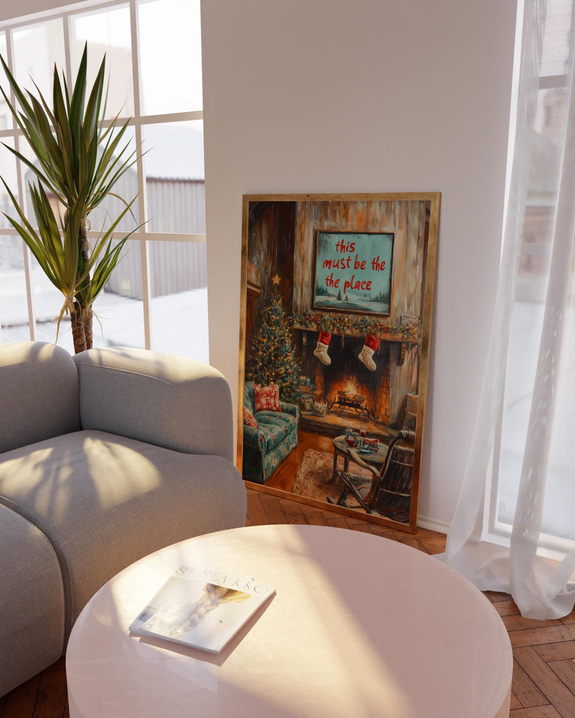 Cozy Christmas Cabin Living Room Fireplace Rustic Scene Poster - Image 2