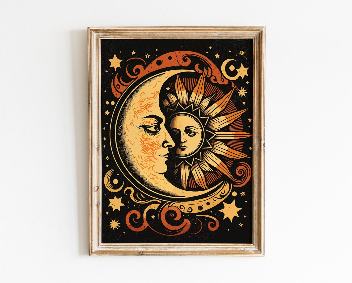 Celestial Sun And Moon Faces Embrace Vintage Astrology Wall Art