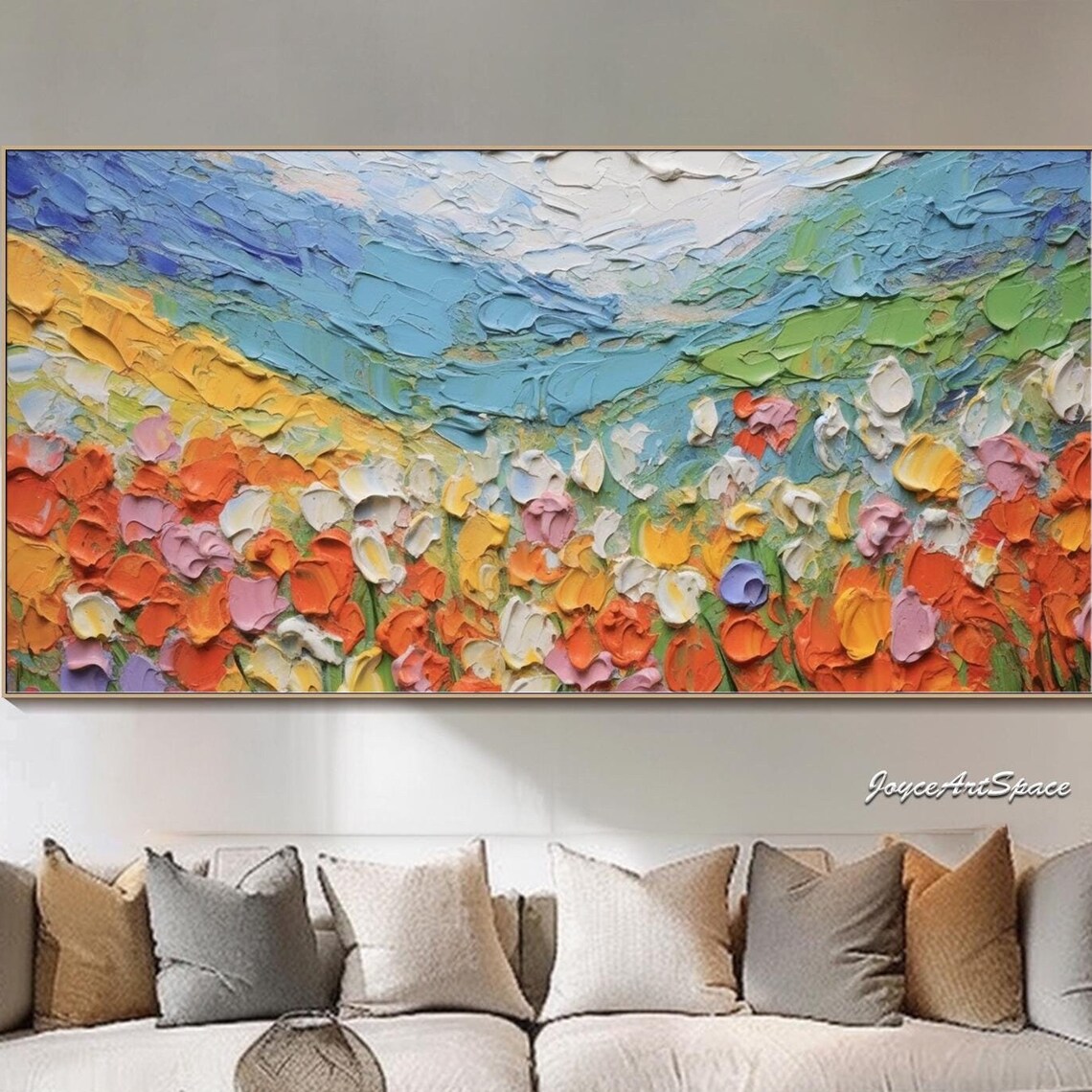 Colorful Wildflower Meadow Blue Sky 3D Impasto Landscape Wall Art