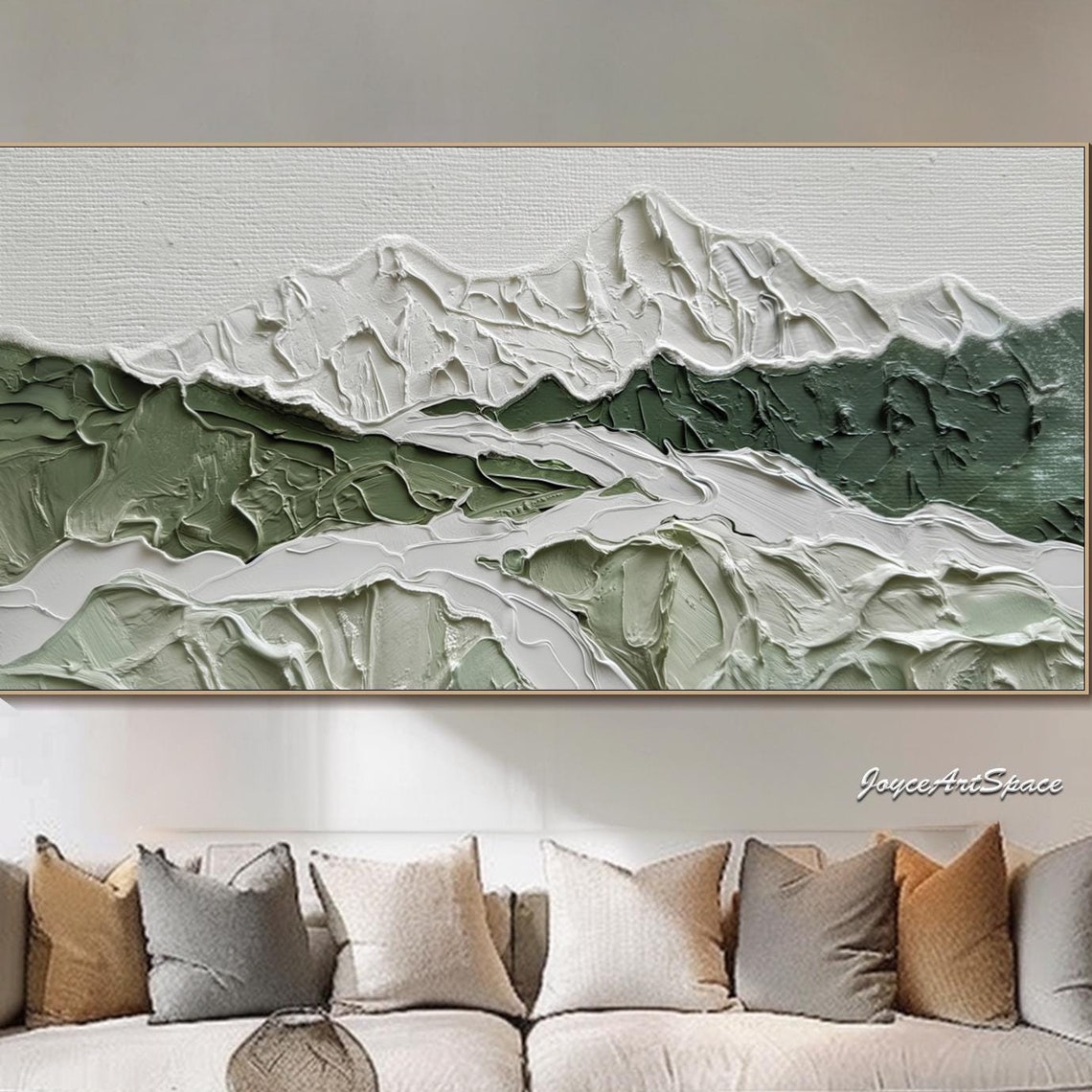 Green Snow Peak Mountains Textured 3D Impasto Landscape Art Poster
