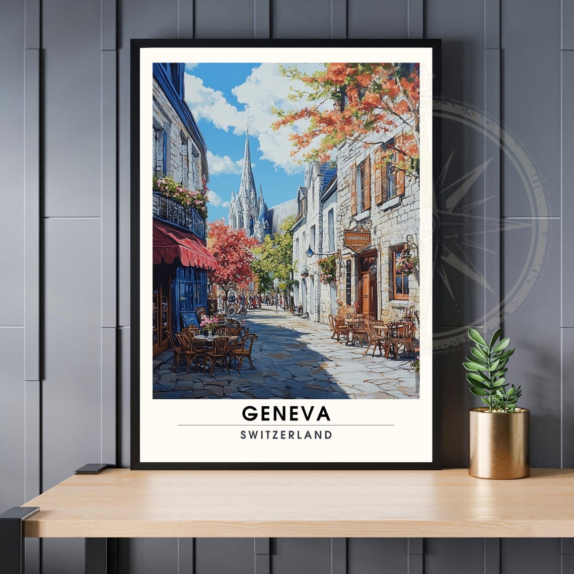 Geneva Old Town Cafe Street Cathedral Spire Switzerland Poster