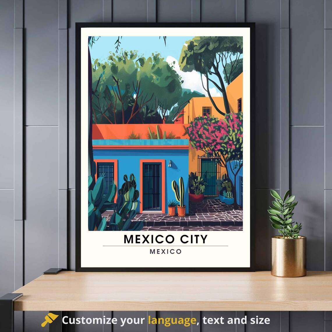 Mexico City Mexico Poster Cobalt Blue Casa Cacti Courtyard Garden Art