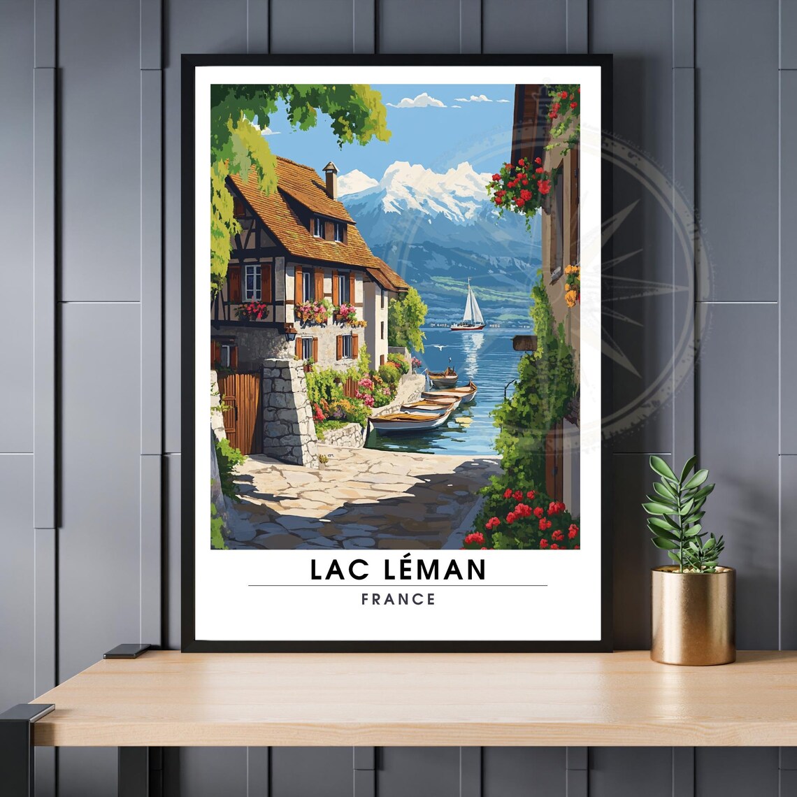 Lac Léman France Lakeside Village Sailboat Alpine Travel Poster