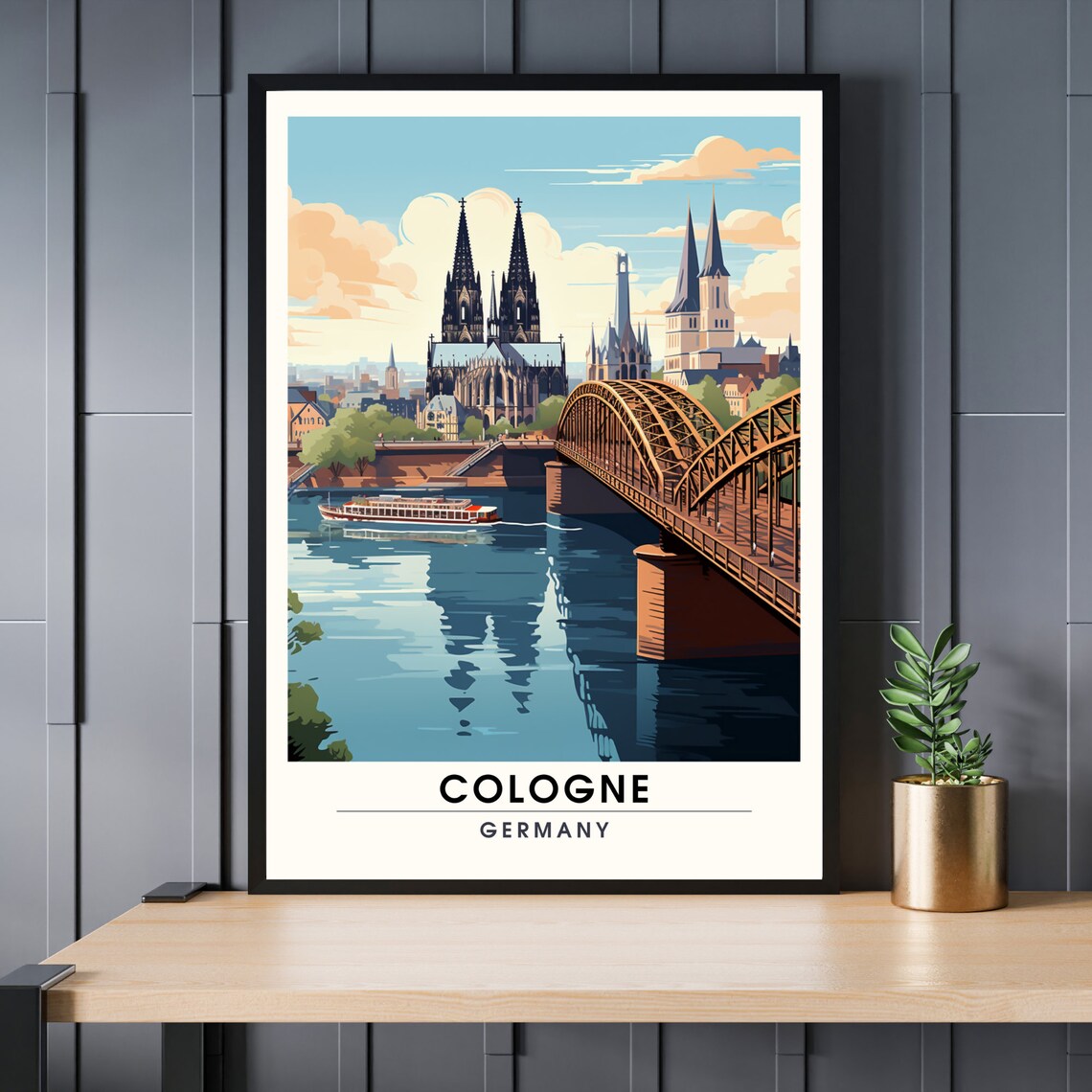 Cologne Germany Cathedral Rhine River Travel Poster Bridge Artwork