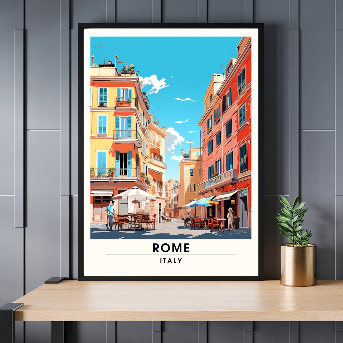 Rome Italy Colorful Cafe Street Sunlit Buildings Travel Poster