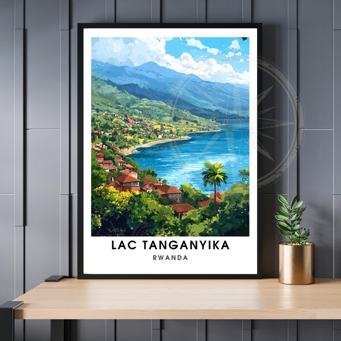 Lac Tanganyika Rwanda Travel Poster with Lakeside Town and Green Hills