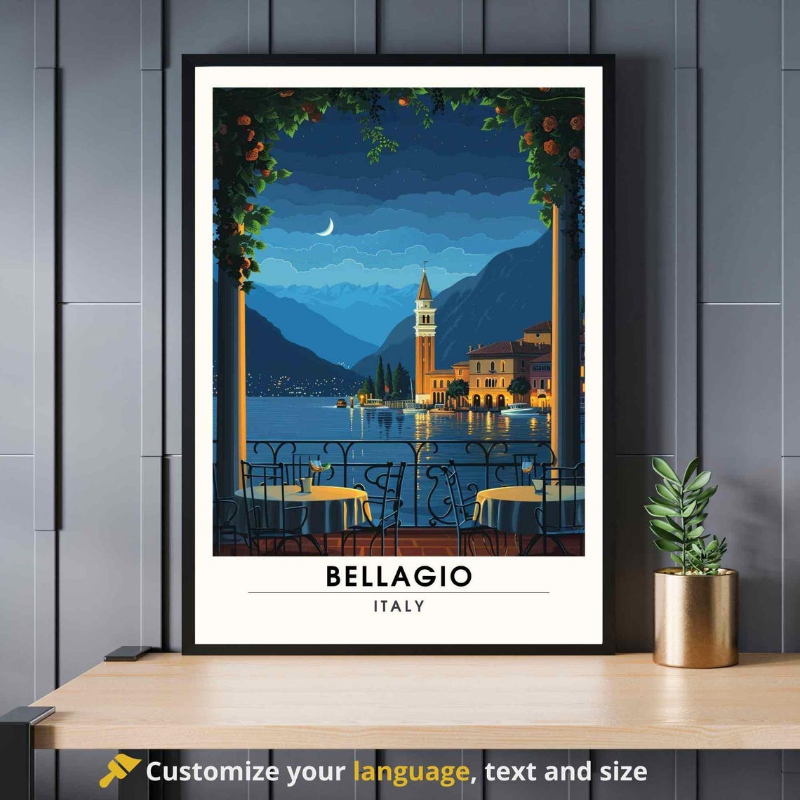 Bellagio Italy Lake Como Night Terrace Moonlight Dining Poster