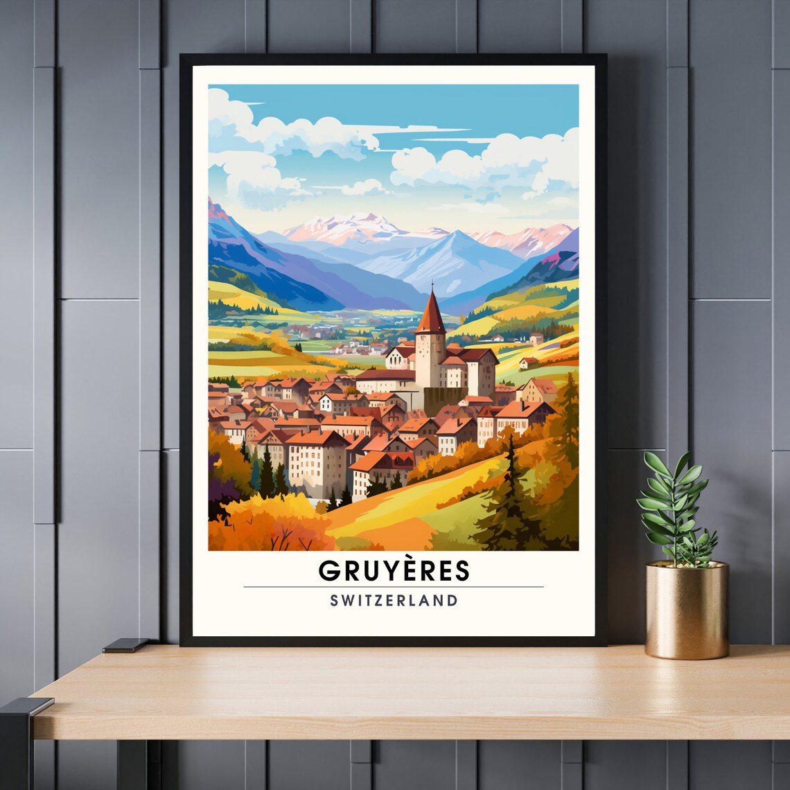 Gruyeres Switzerland Alpine Village Vintage Mountain Travel Poster