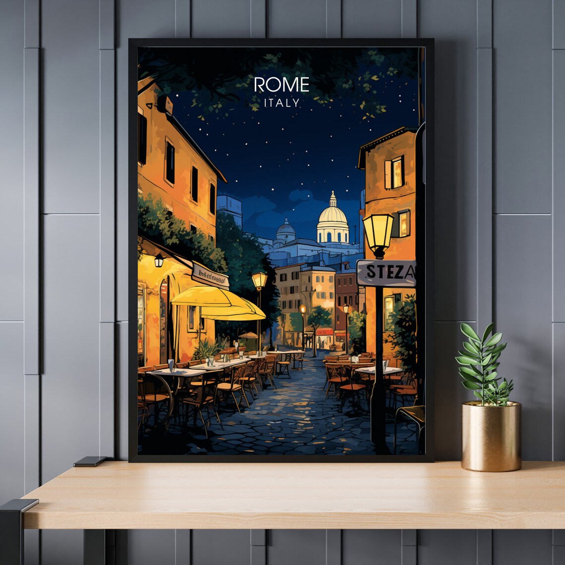 Rome Italy Night Street Cafe Cobblestone Vintage Travel Style Poster