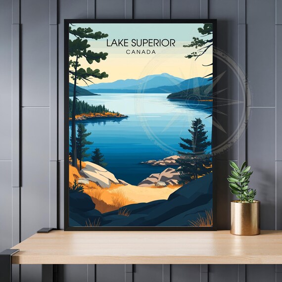 Lake Superior Canada Pine Forest Mountains Retro Travel Poster