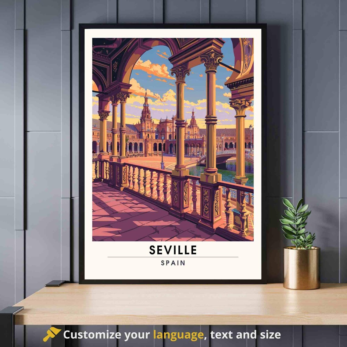Seville Spain Plaza De Espana Sunset Arches Vintage Travel Poster