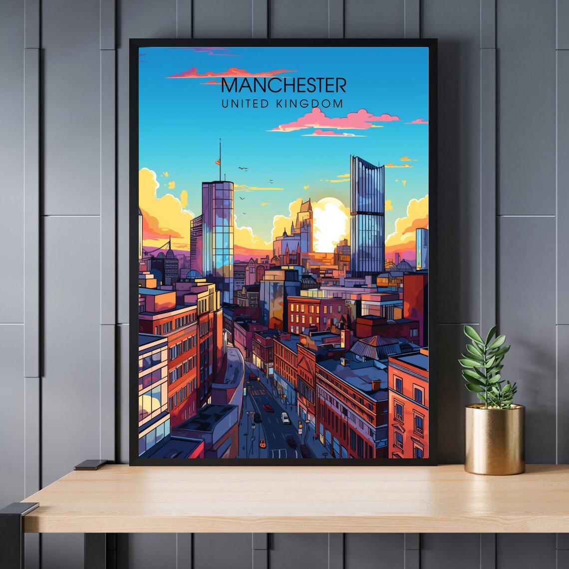 Manchester England Skyline Sunset Downtown City Travel Poster