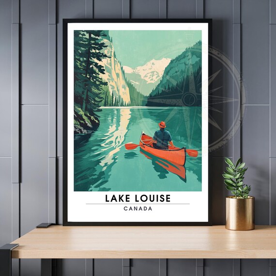 Lake Louise Canada Red Canoe Mountain Lake Vintage Travel Poster