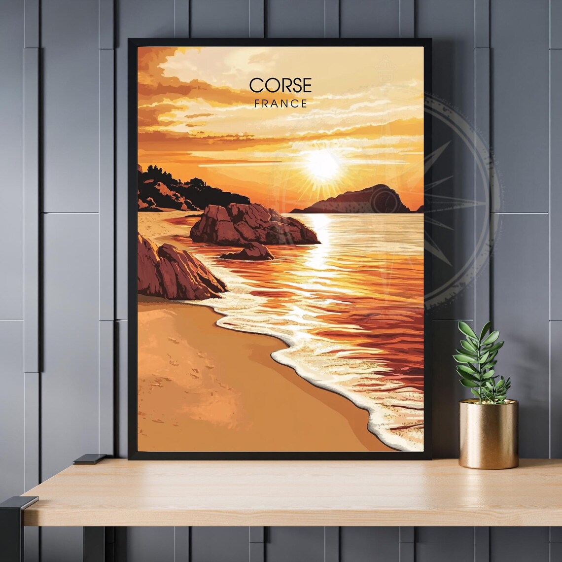 Corsica France Golden Sunset Beach Rocky Coast Travel Poster