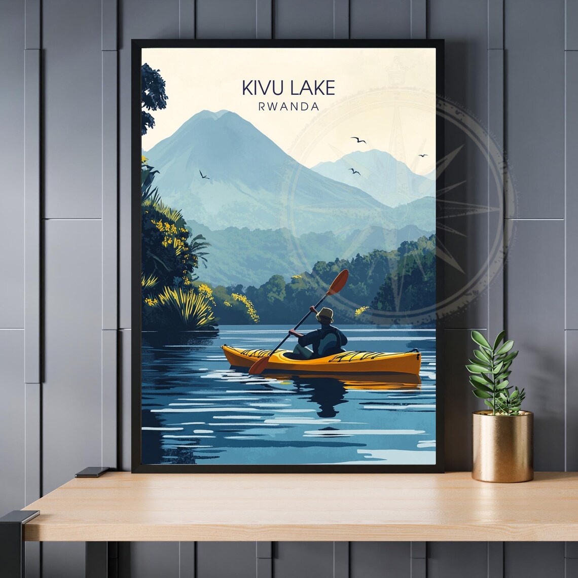 Kivu Lake Rwanda Kayaking Adventure Vintage Mountain Travel Poster