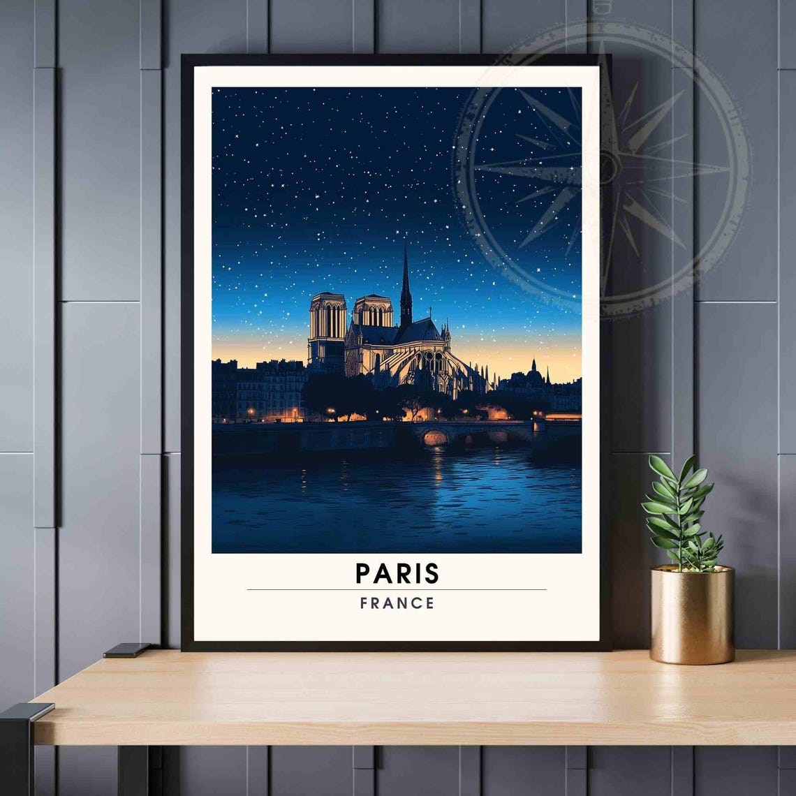 Paris Notre-Dame Glowing Night Cathedral Under Stars Travel Poster