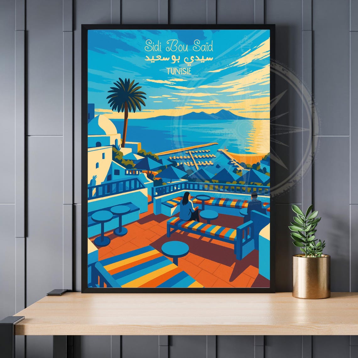 Sidi Bou Said Tunisie Seaside Terrace Cafe Bay View Travel Poster