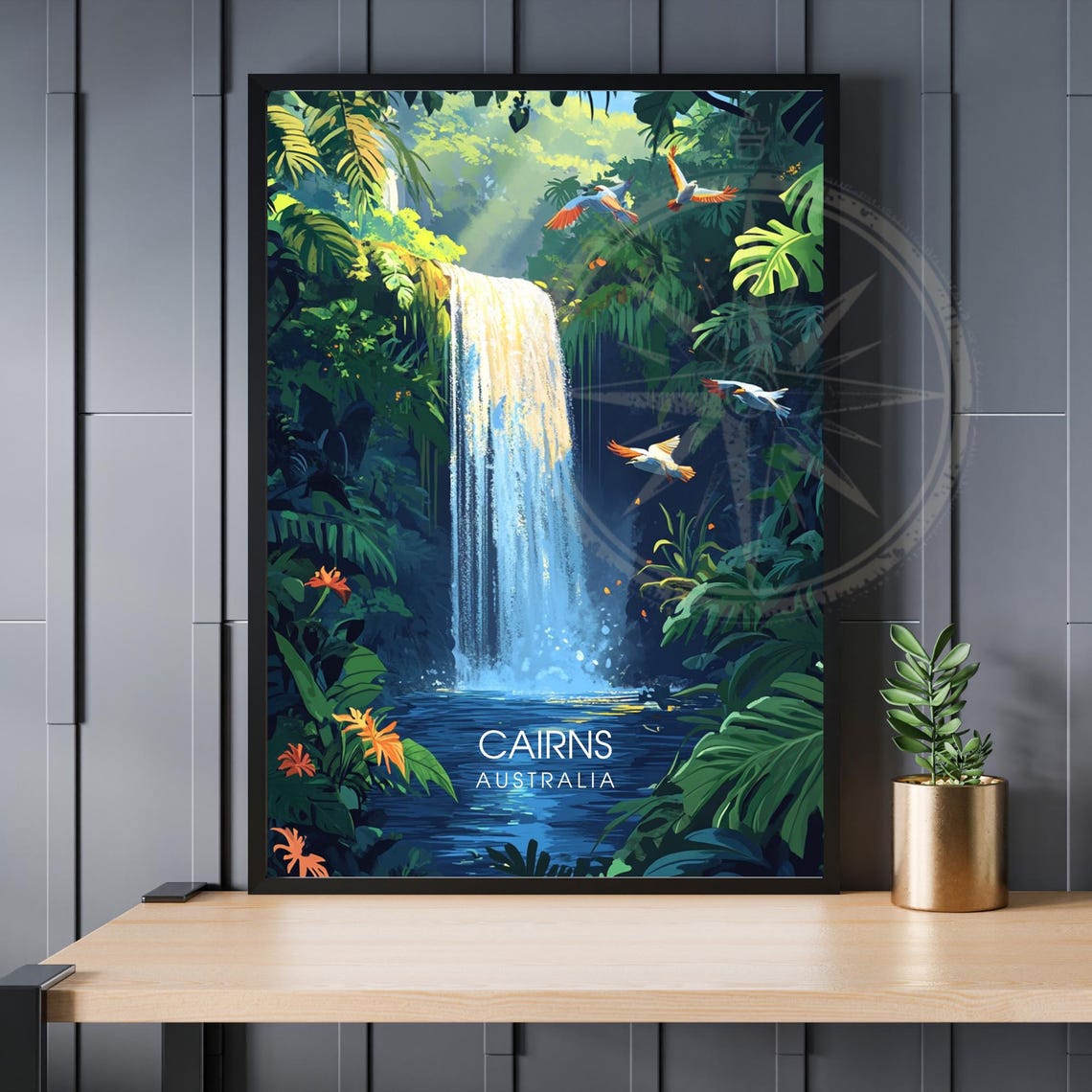 Cairns Australia Rainforest Waterfall Birds Illustrated Travel Poster