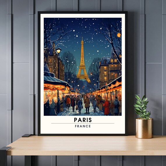 Paris France Poster Christmas Market Eiffel Tower Snowfall Winter Art