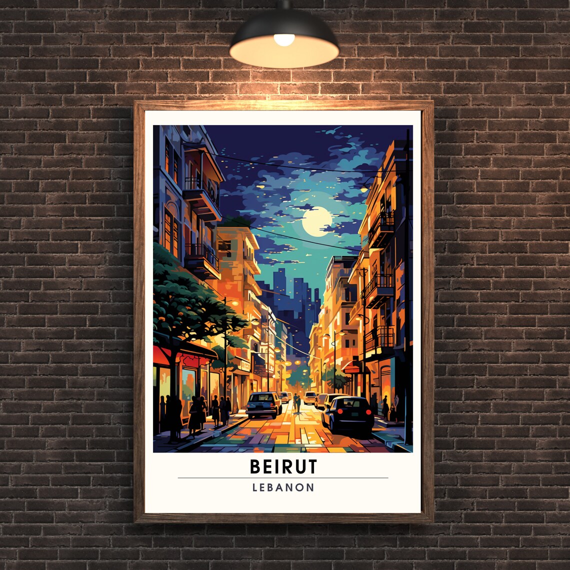 Beirut Lebanon Moonlit Night City Street Vintage Travel Poster