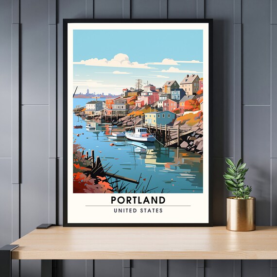 Portland Seaside Fishing Village Colorful Cottages Retro Travel Poster