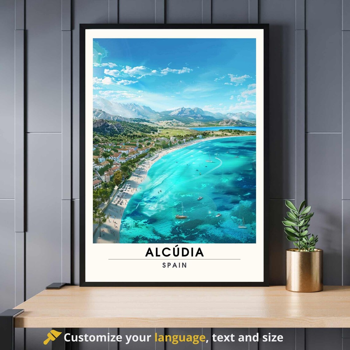 Alcudia Spain Turquoise Beach Aerial Vintage Travel Art Poster