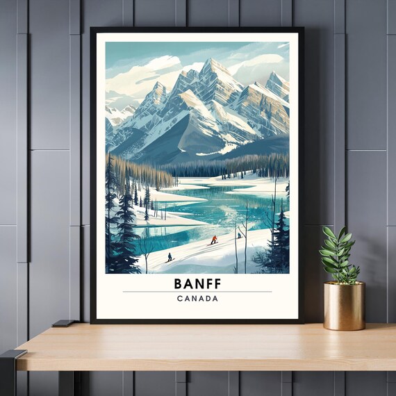 Banff Canada Rocky Mountain Lake Skiers Alpine Scenic Travel Poster