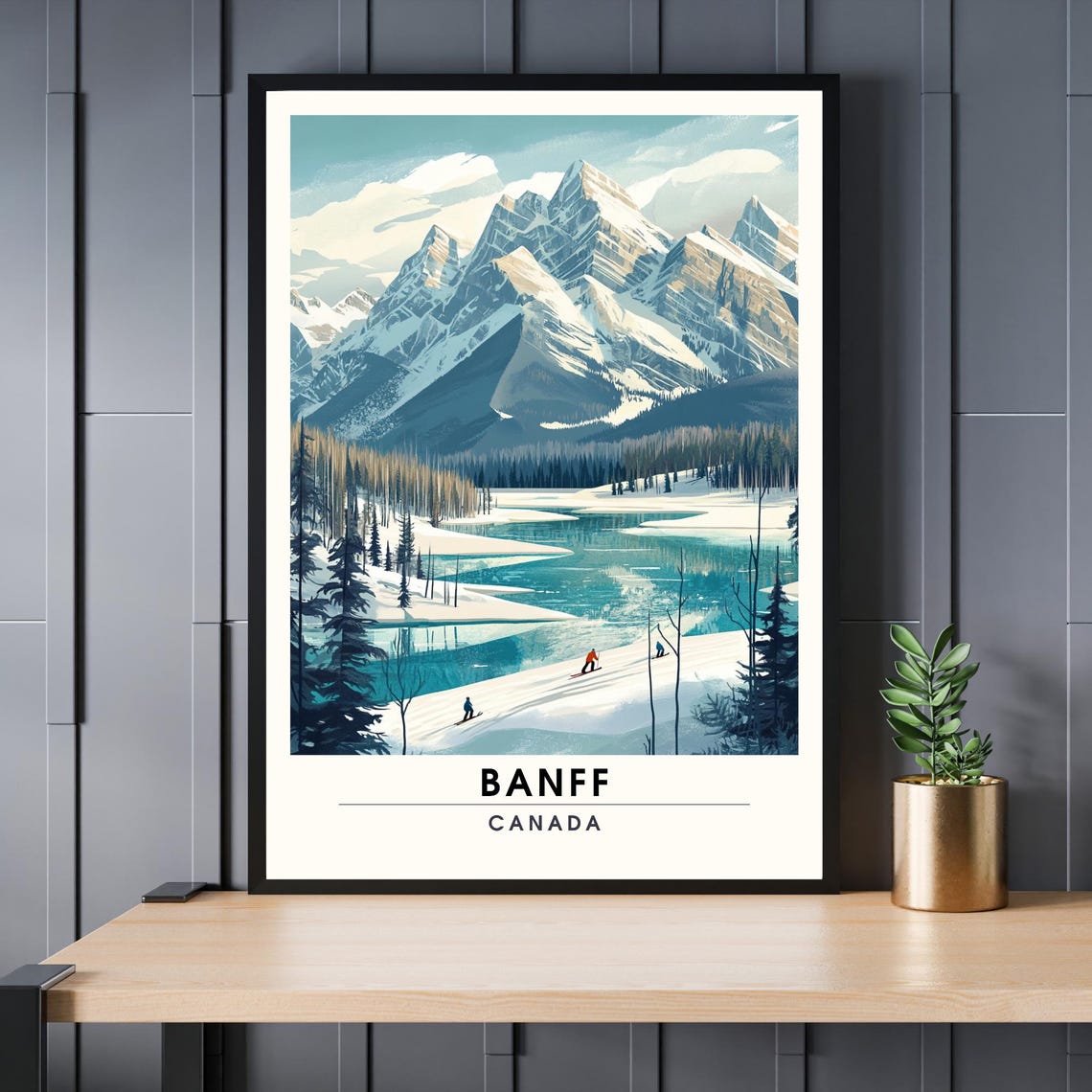 Banff Canada Rocky Mountain Lake Skiers Alpine Scenic Travel Poster