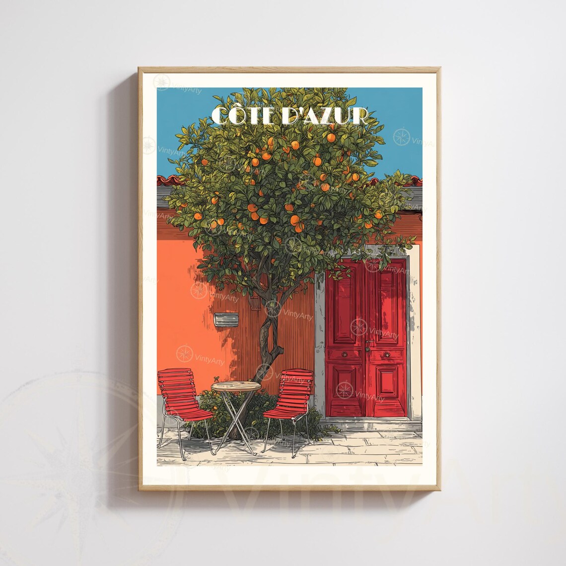 Cote d'Azur Orange Tree Red Door Terrace Cafe Corner Travel Poster