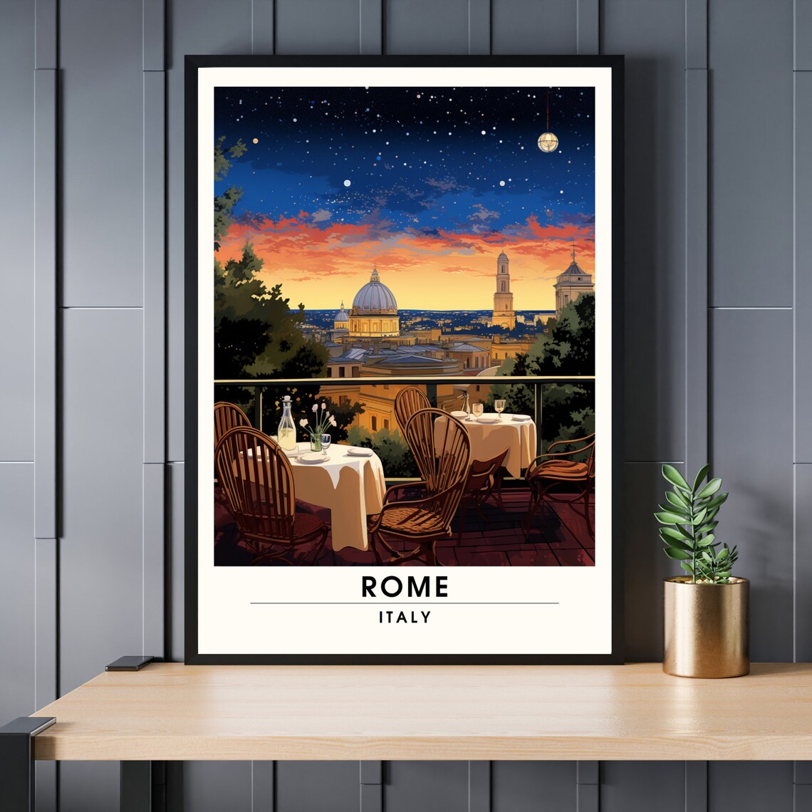 Rome Italy Rooftop Restaurant Night Poster St Peters Dome Skyline