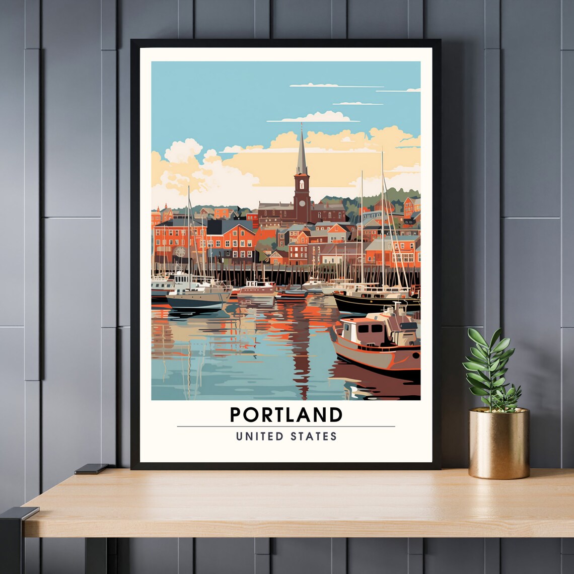 Portland Harbor Sailboat Marina Brick Town Skyline Retro Travel Poster