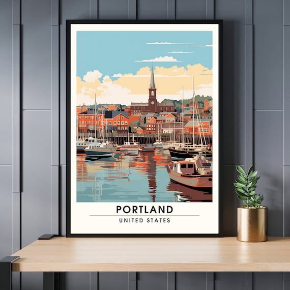 Portland Harbor Sailboat Marina Brick Town Skyline Retro Travel Poster