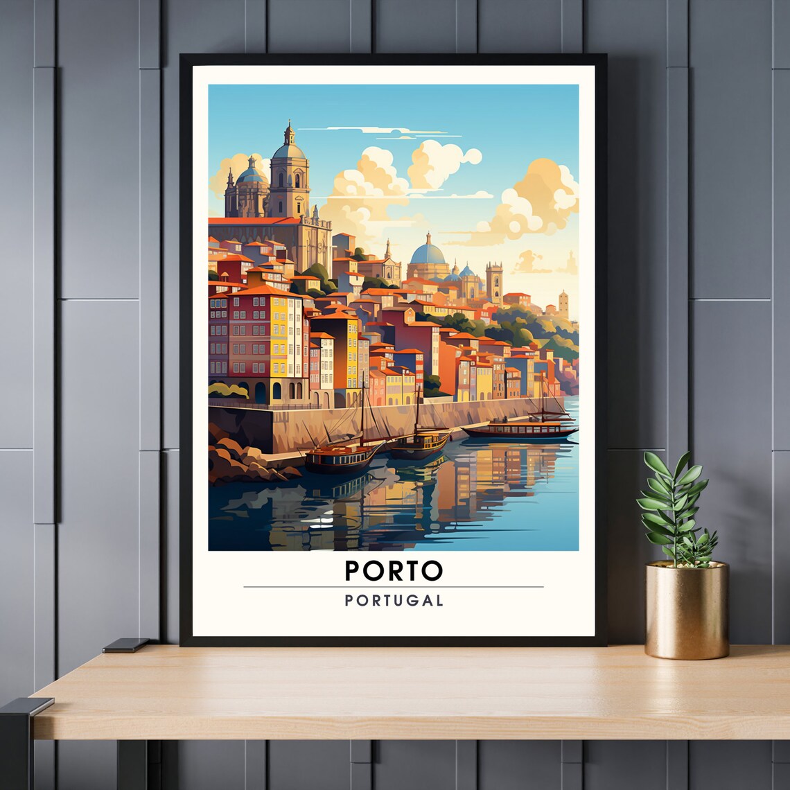 Porto Portugal Riverside Old Town Boats Douro River Travel Poster