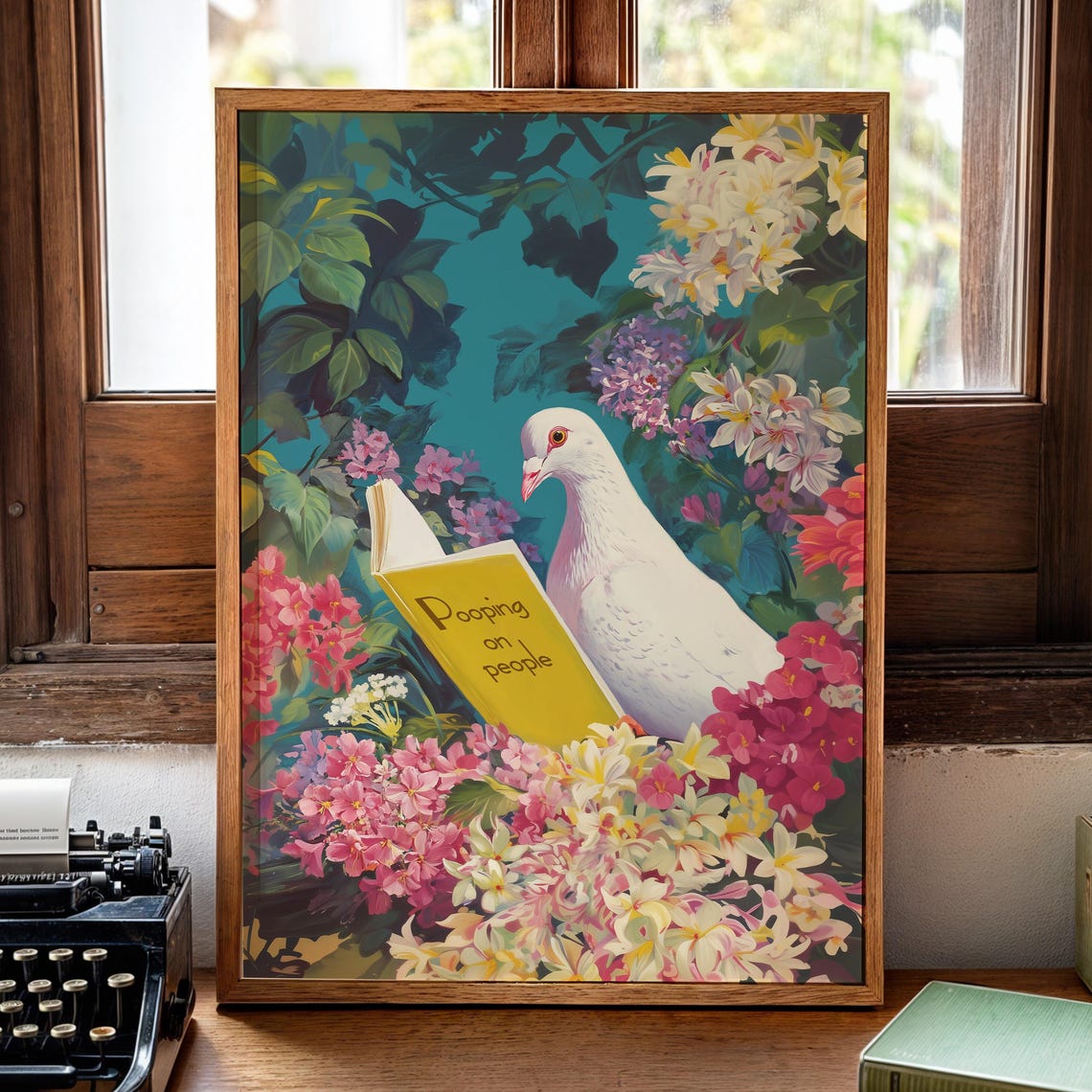 Funny White Pigeon Reading a Book Floral Bathroom Art Poster