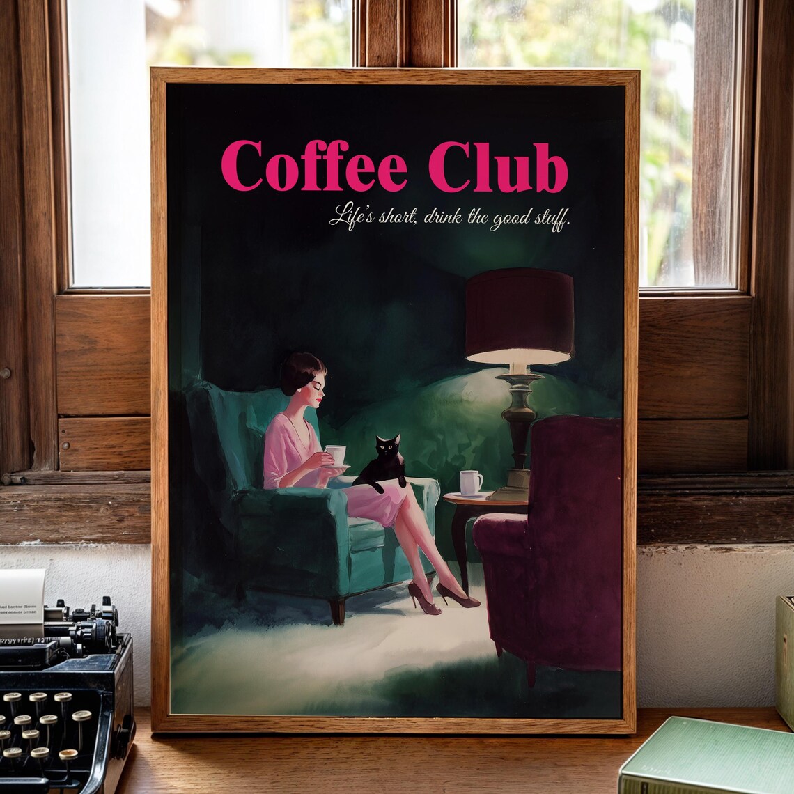 Coffee Club Black Cat Art Print, Kitchen Decor